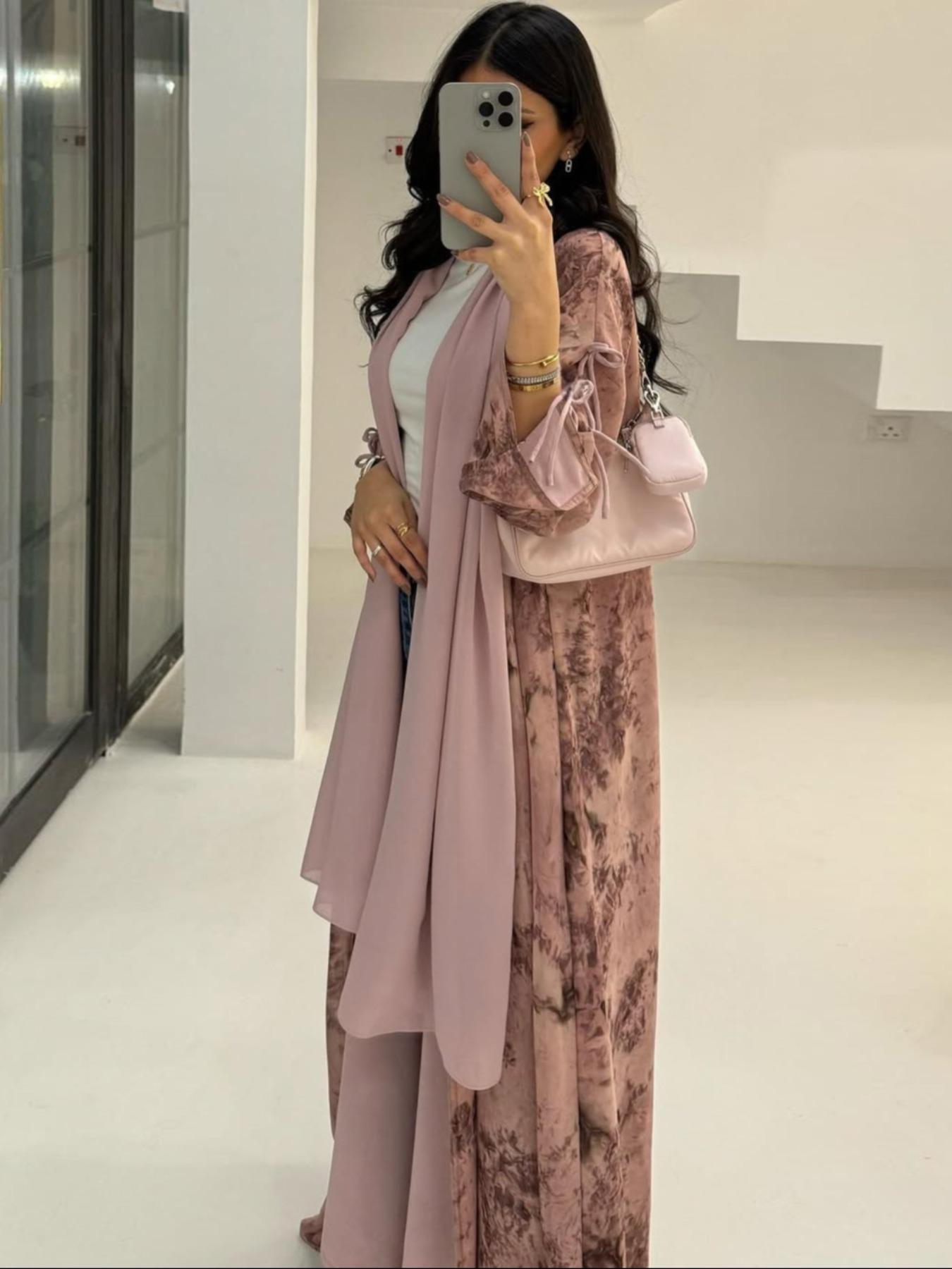 Elegant Women's Open with Tie Dye Print and Headscarf, Long Sleeve Casual Style for All Seasons, Muslim Fashion, Abaya Hijab Set, Modesty Muslim Clothing, Modest Muslim Outfits