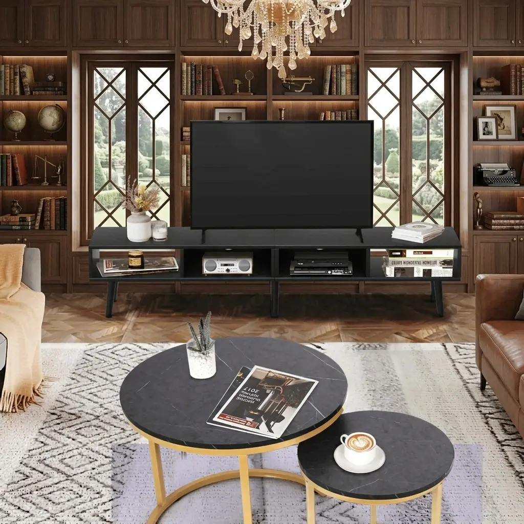 59-Inch Black MDF TV Stand - Sleek Built-In Compartments Multimedia Centre for 55-60 Inch TVs, Modern Simple Heavy-Duty 6-Leg Entertainment Console with 4 Open Shelves for Living Room Bedroom Furniture, Sleek Tv Stands & Multimedia Centres,