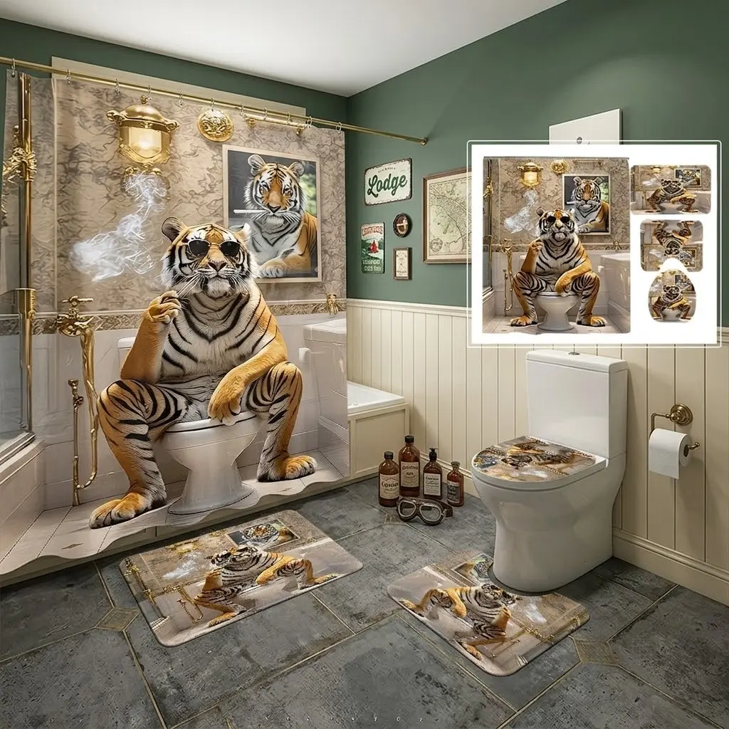 4pcs set featuring a cool tiger wearing sunglasses sitting on the toilet, with a retro gold bathroom scene shower curtain set, a fun wildlife humorous printed bath mat and toilet seat cover, stylish and unique decor.