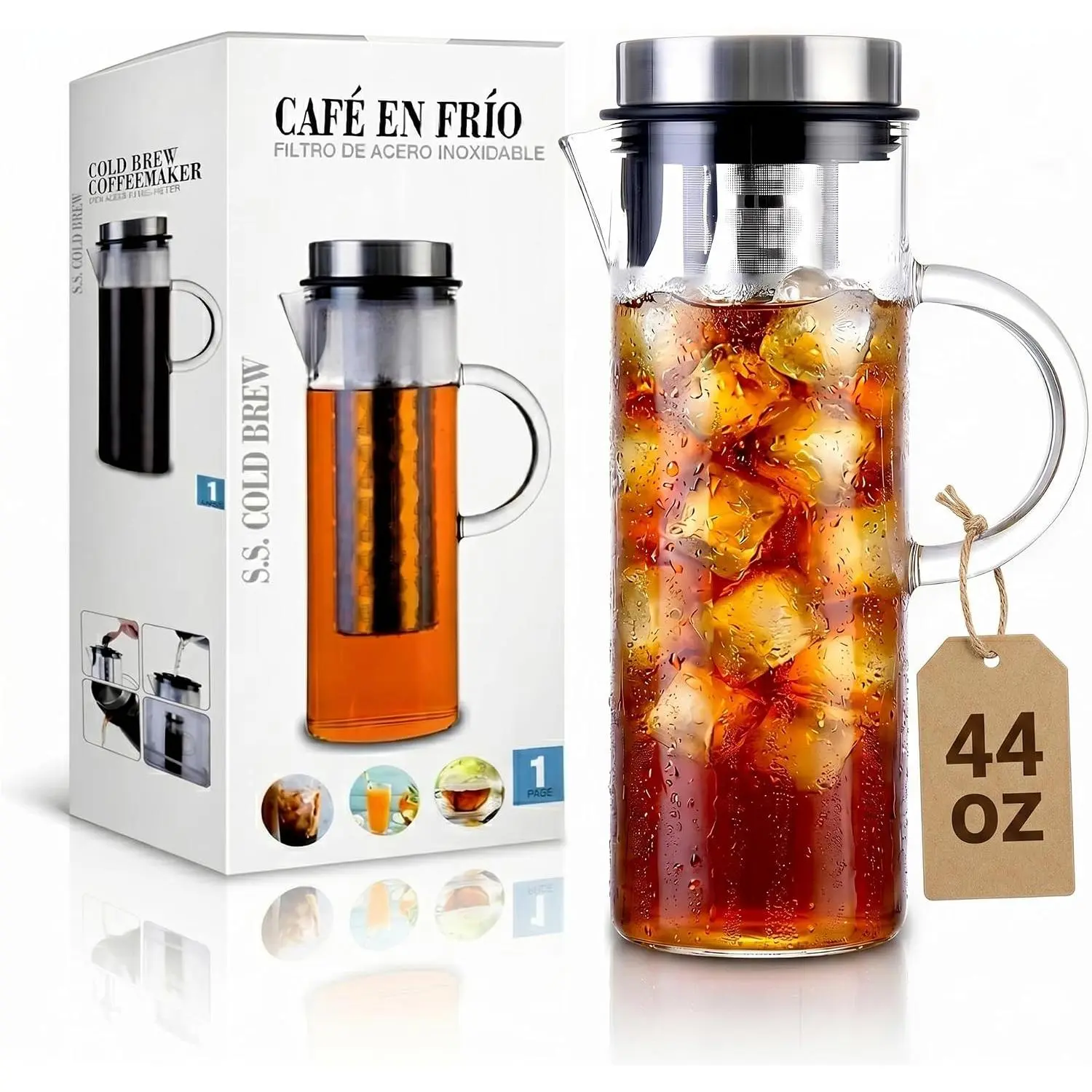 Cold Brew Coffee Maker 44oz – Iced Coffee & Iced  Maker with Borosilicate Glass Pitcher, Stainless Steel Mesh Filter, Large Capacity Coffee Brewer for Smooth Low Acid Coffee,  & Fruit Infusion