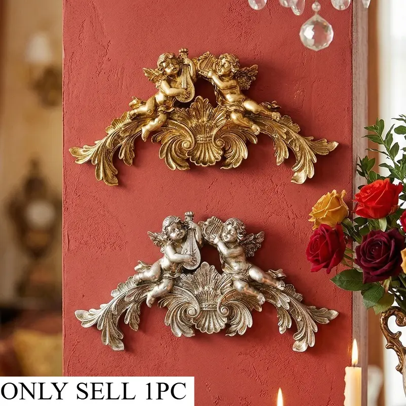 Vintage Baroque Musical Cherub Hanging Aesthetic Wall Decor French Rococo Cupid Angel Resin Wall Sculpture Golden Silver Luxury Home Wall Ornament,Resin Wall Decor for Foyer, Living Room Background Wall Decoration