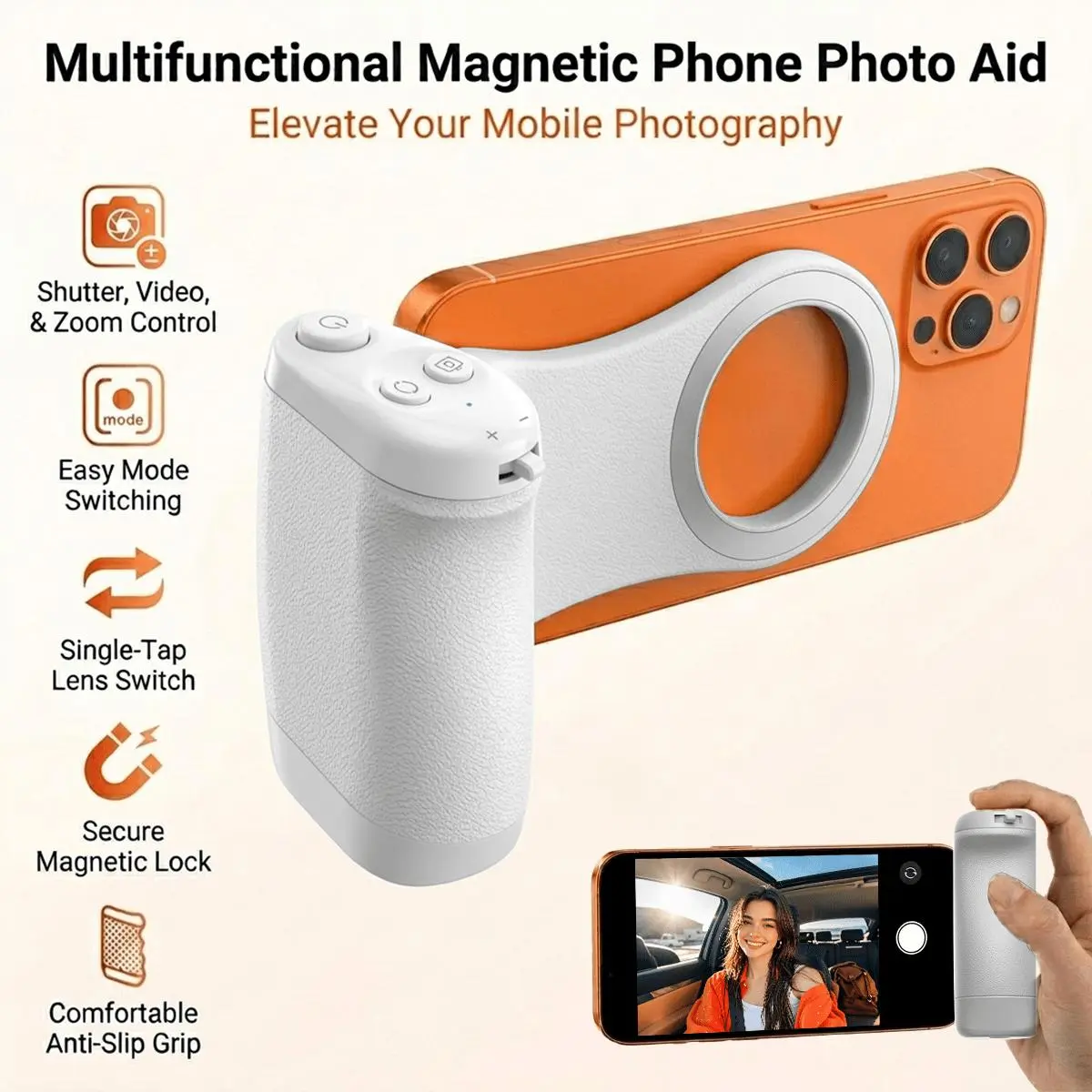 Magnetic Phone Camera Grip, Smartphone Shooting Holder Selfie Handle Snap with Wireless Shutter Button Remote for iPhone 16 15 14 13 12 Pro Max Android Cellphone Vlog Video Photography(Five Colours)
