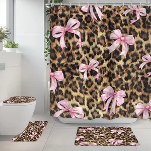 1/4PCS  Leopard Print & Pink Bow Shower Curtain Set – Includes Non-Slip Floor Mat, U-Shaped Carpet, Toilet Lid Cover & 12 Hooks, Perfect for Bathroom Decor & Partition