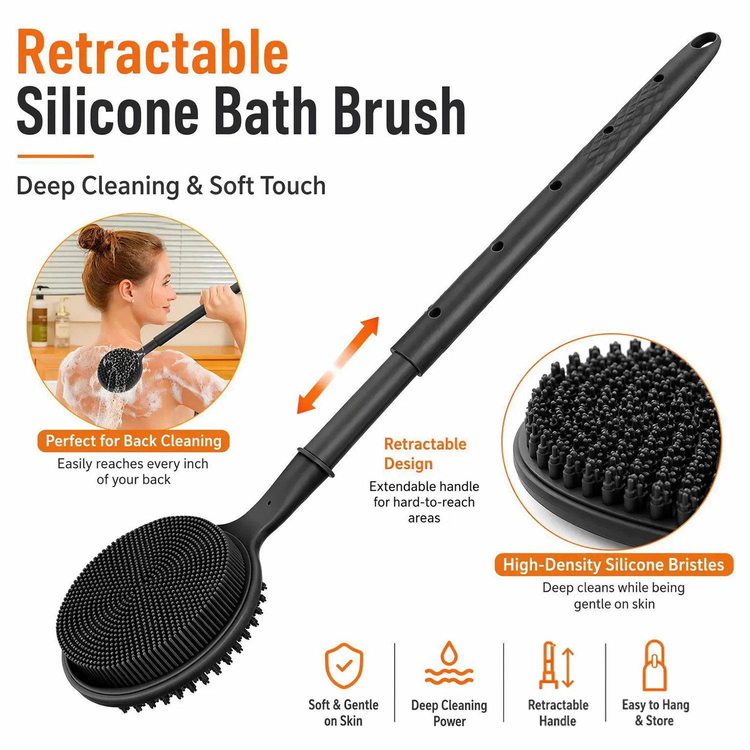 Unisex Telescopic Silicone Back Bath Brush - Dual-Sided Exfoliating Shower Scrubber with Extendable Long Handle, Hanging Design for Deep Skin Cleansing, Massage, 1-Pack Bathroom Home Supply