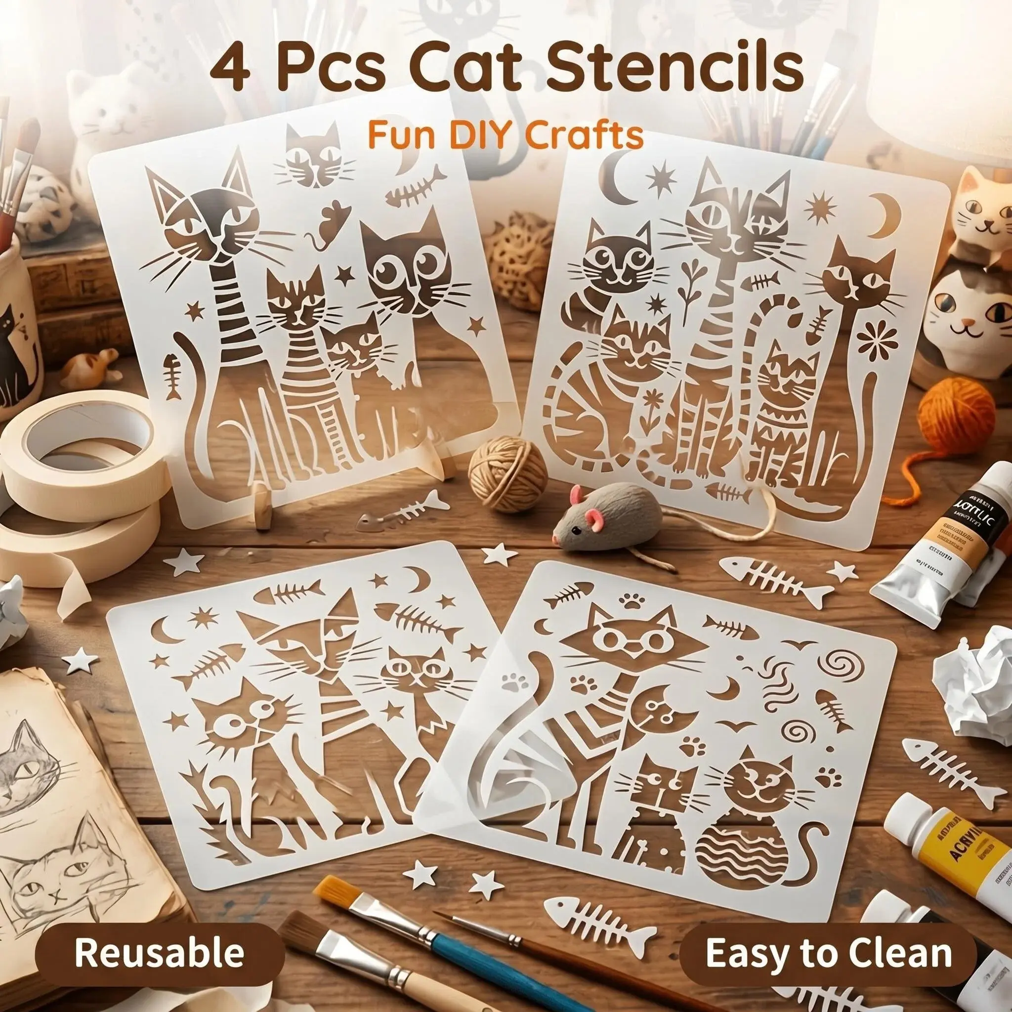 4 Washable Cartoon Cat Art Templates, 6x6 Inch Reusable Drawing Stencils, DIY Crafts, Canvas, Ceramics, Scrapbooking, Home Decor