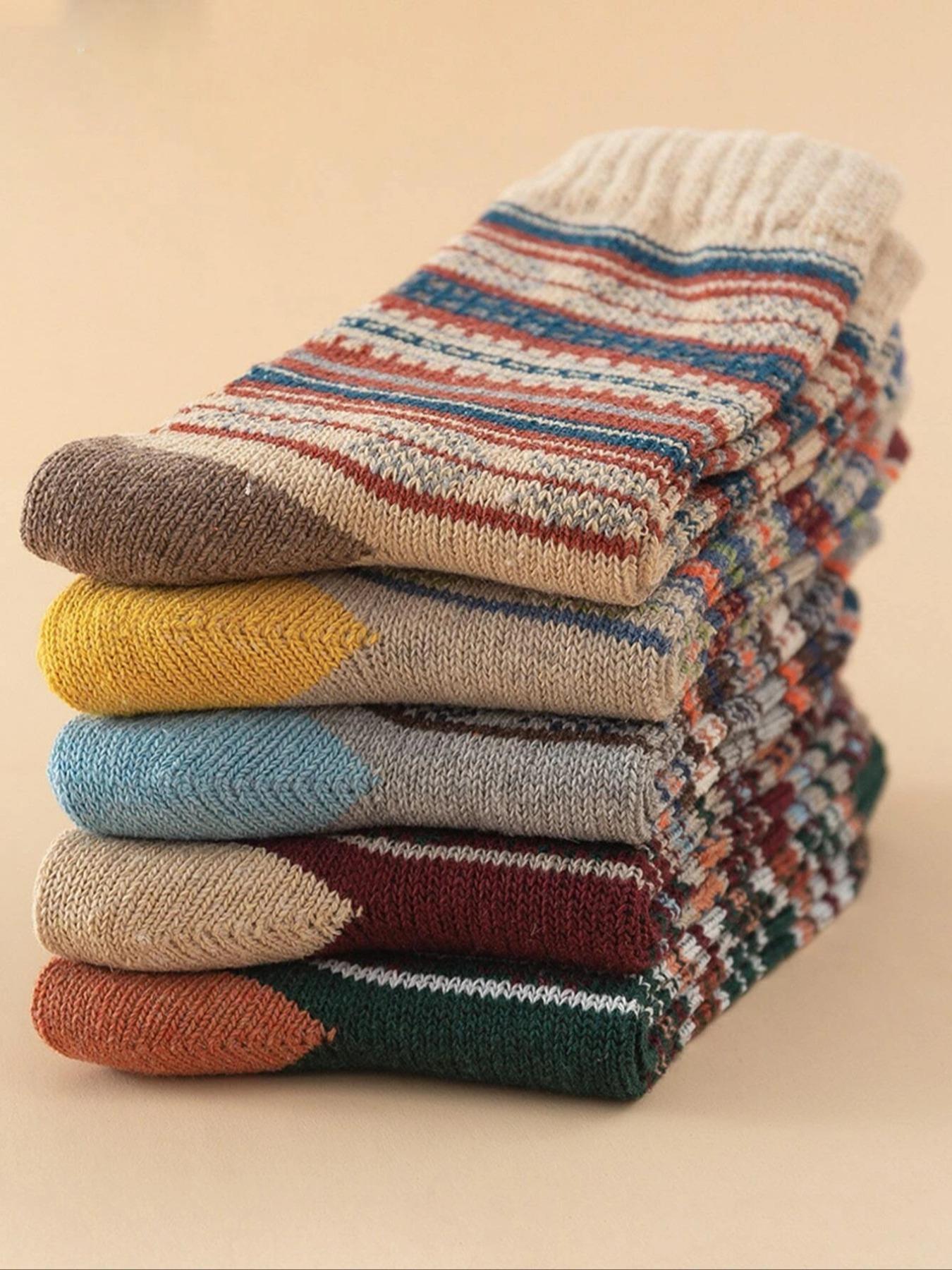 Women's Multicolor Colorblock Striped Print Crew Socks, Multipack Breathable Knit Mid Calf Socks for Women,  Women's Hosiery