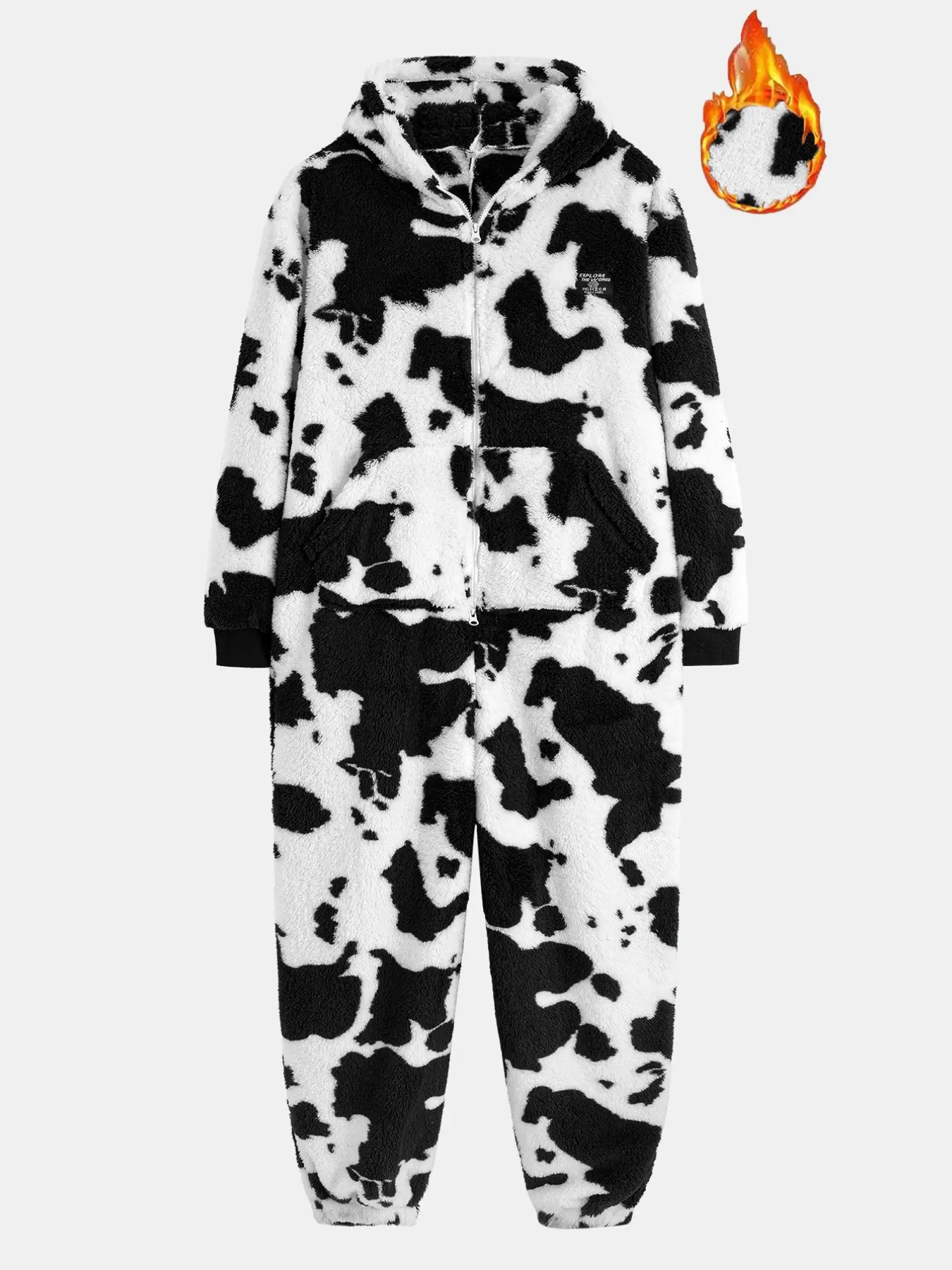 Men Warm Cow Pattern Plush Hooded Onesie, Full-Zip Fleece Jumpsuit Pajamas, Soft Cozy Loungewear, Sleepwear for Autumn Winter