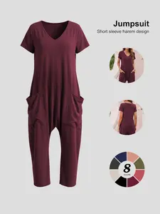 Women's Basic Oversized V-Neck Jumpsuit, Short Sleeve Harem Romper with Pockets, Loose Fit, Solid Color, Spring & Fall Casual Loungewear