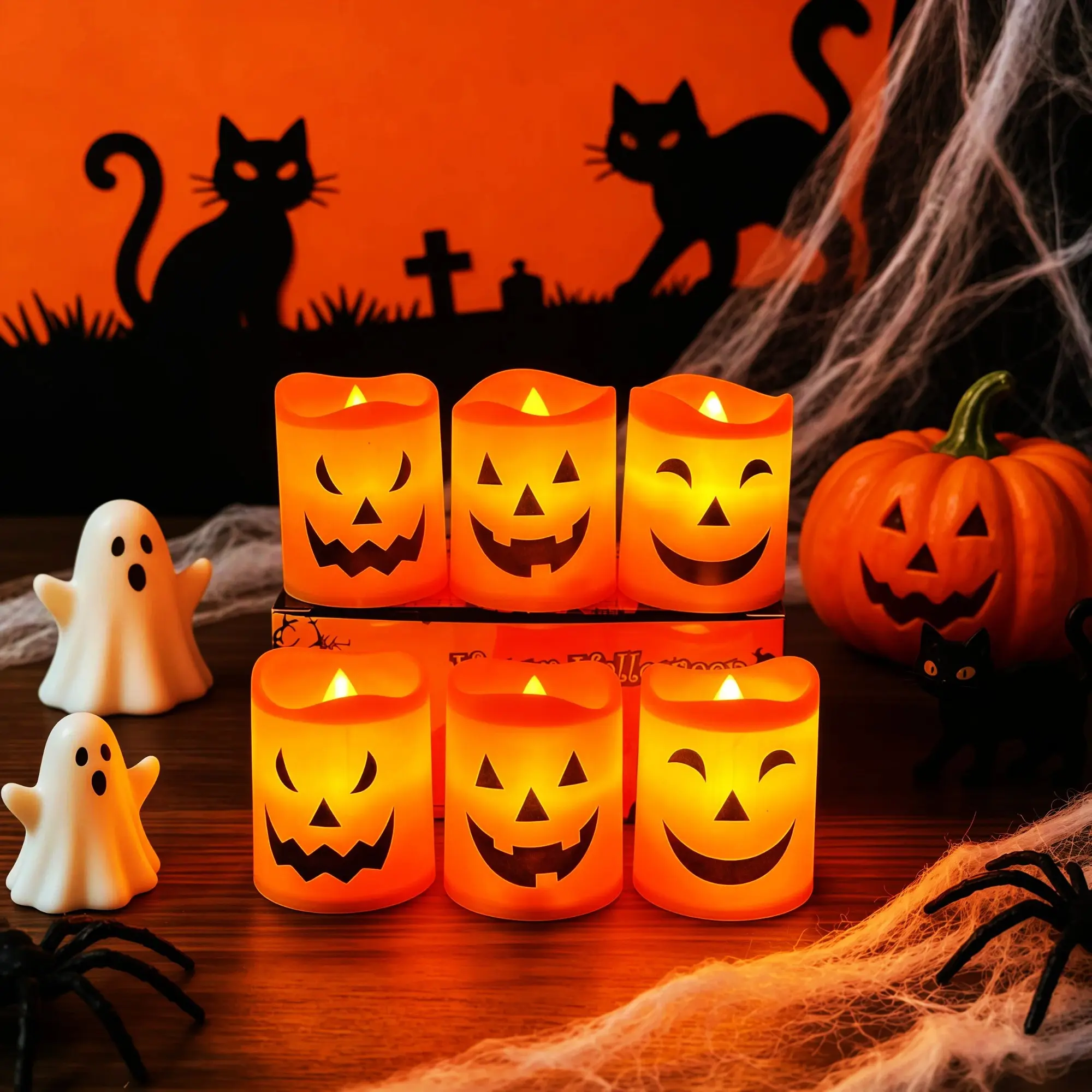 6 Pack Mini LED Pumpkin Electronic Candle Lights for Halloween, Button Battery Powered Funny Jack-o-lantern Candle Holder Ornaments, Spooky Table Decor Props, Small Atmosphere Lamp for Indoor Halloween Party Holiday Decorations, Fall Decor