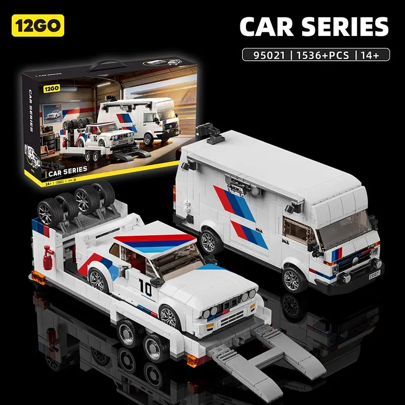 Bmw RV Grand Prix Building Blocks Set, Includes Race Car, RV, and Flatbed, Adult Puzzle Toy, Interlocking, Desk Decor, Christmas Gift, 1536pcs