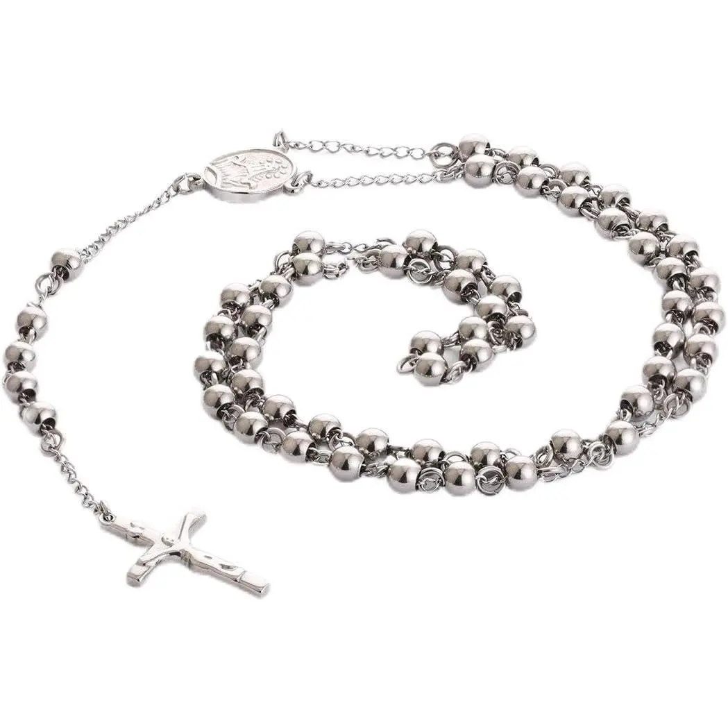 Stainless Steel 6mm Beads Rosary Catholic Necklace Holy Medal & Crucifix 32inch