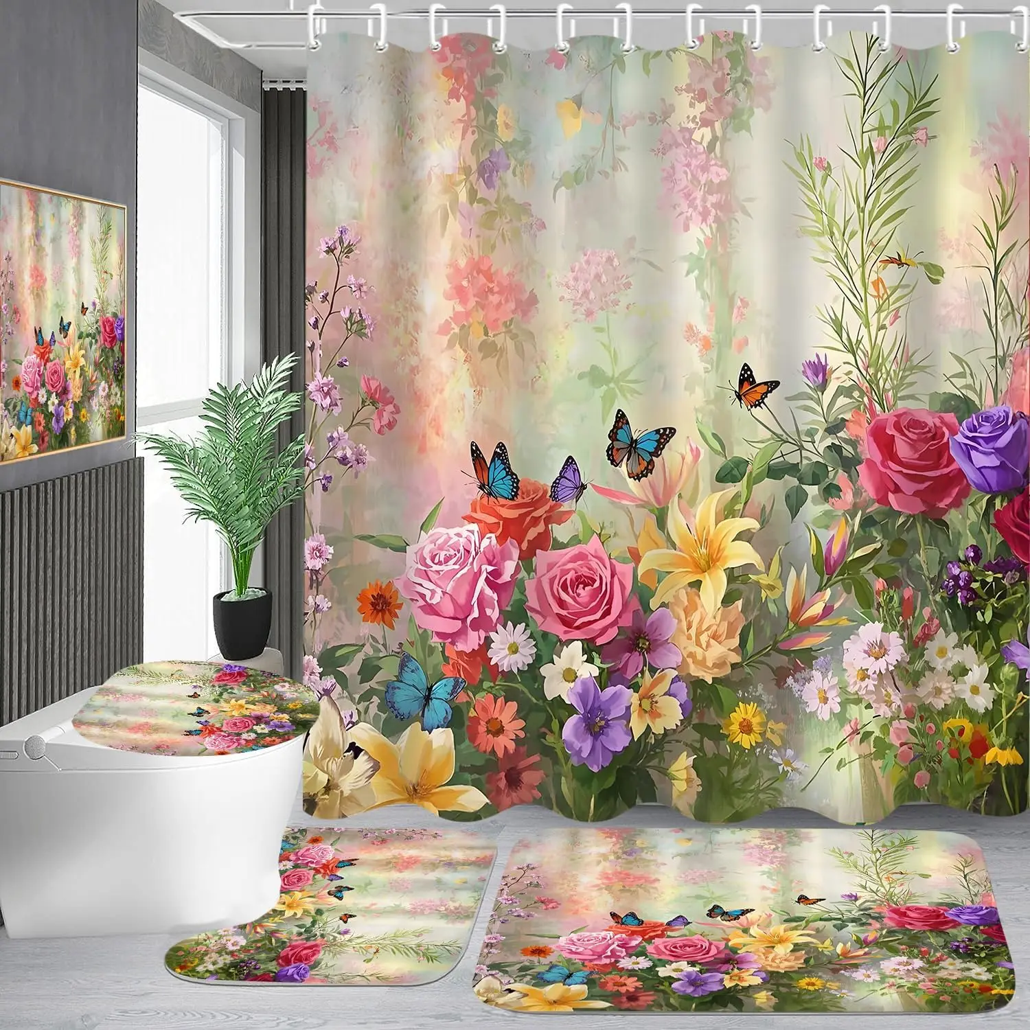 Butterfly Floral Shower Curtain Set Botanical Aesthetic Flower Bathroom Set with Shower Curtain and Rugs, Cute Fun Decorative Bath Curtain with Hooks for Home Decor
