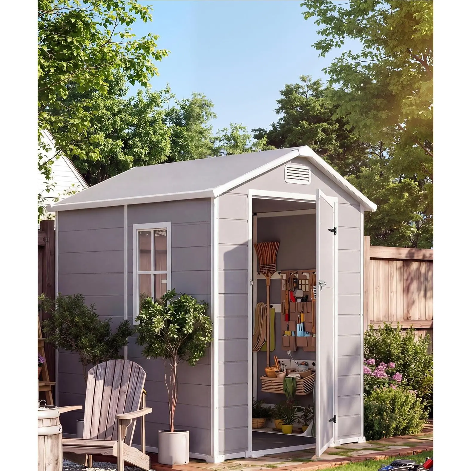 4x6 FT Waterproof Resin Outdoor Storage Shed with Floor, Window & Sloped Roof, Lockable Door, Easy Assembly Light Gray Outdoor Tool Storage Cabinet for Patio, Backyard, Bike and Lawn Mower