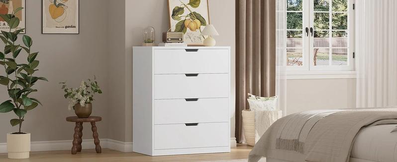 Sikaic Modern White Dresser with 4 Drawers Freestanding Wood Cupboard for Bedroom Living Room Hallway Storage Chest of Drawers with Metal Slide Rail Anti-tipping Belt