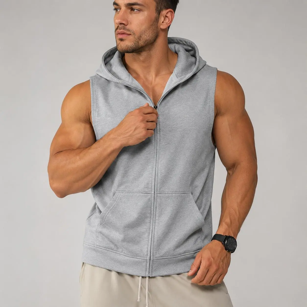 Men's Oversized Hooded Vest, Solid Sleeveless Zip-Up Tops for Gym Fitness Training, Workout Menswear, Male, Xxl, Machine Washable, Gym Wear, Loose-Fit, Oversize Vest, Athletic Sleeveless Men's Sports Vest