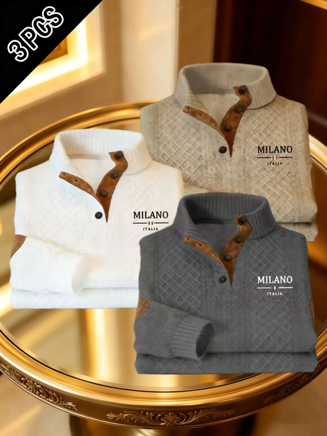 3-Pack Men's Stand Collar Knit Sweater Set, Long Sleeve, Casual Daily Wear, Outdoor Office, Rhombus Pattern, Colorblock Button Patches, Fall Winter