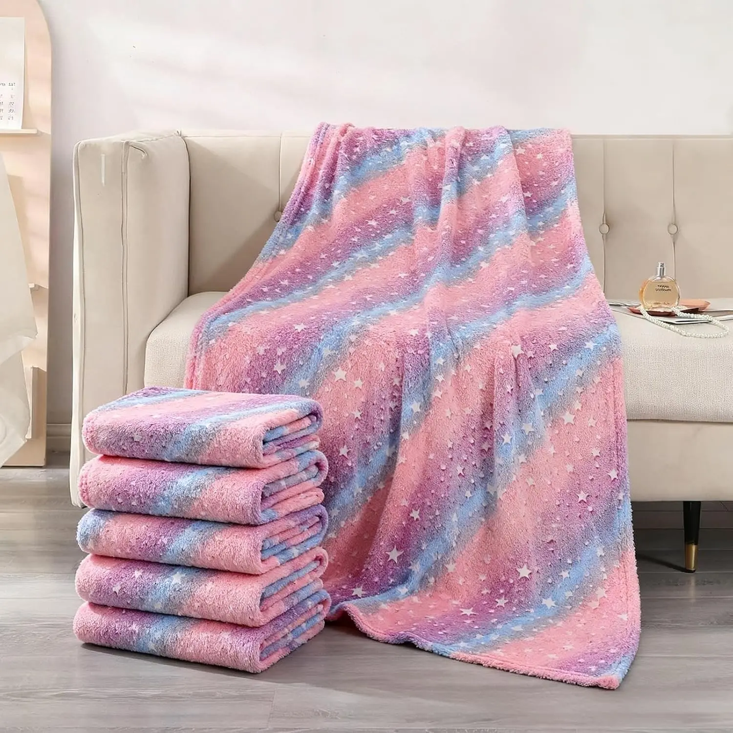 6 count Sleepover Party Supplies for Girl Glow in The Dark Blankets | 40"x60"  Warm Flannel Blanket for Teenager Bed Travel  Movie Party,
