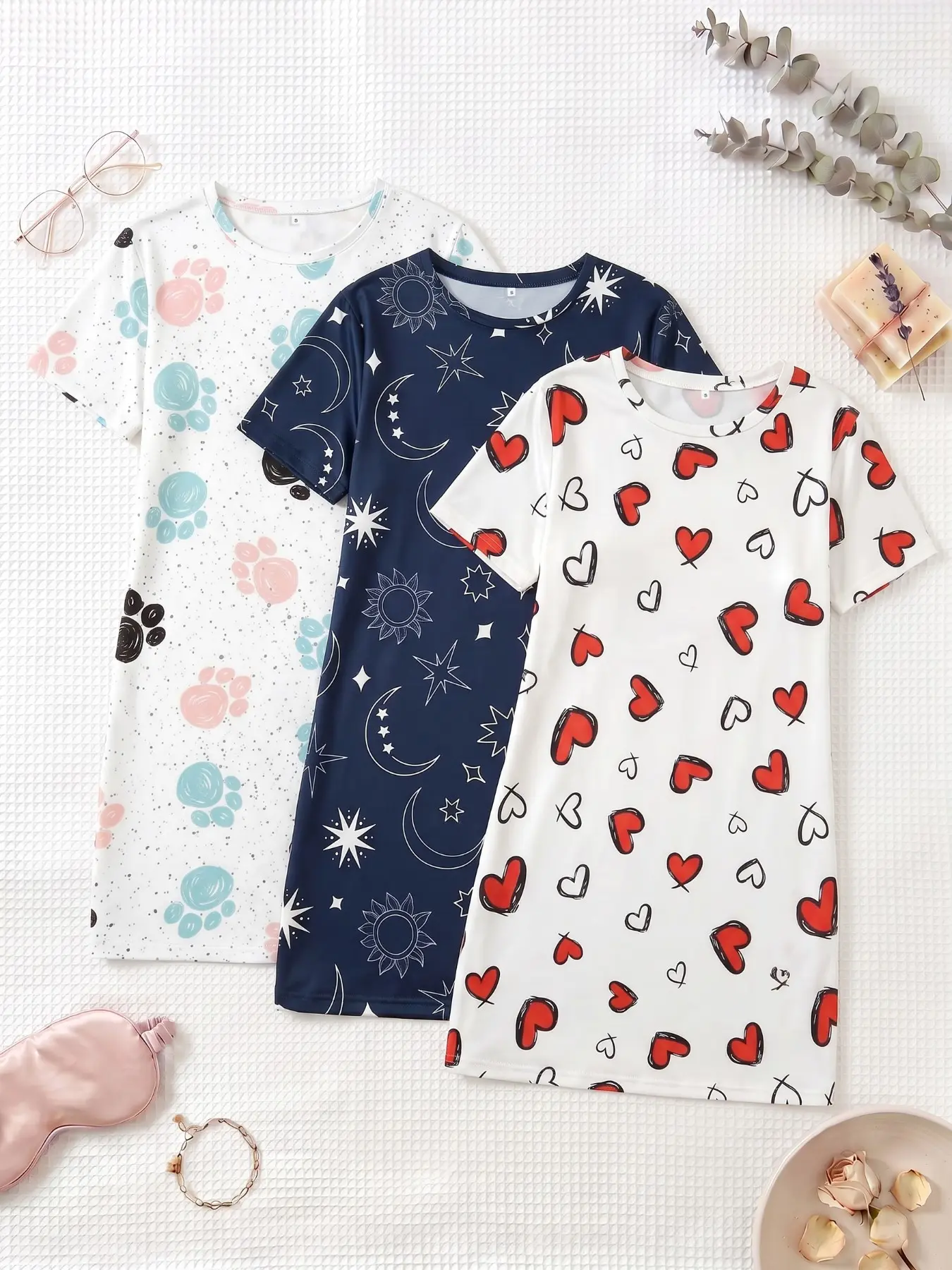 3-Pack Women's Nightdresses, Round Neck Short Sleeve, All-Season Comfortable Breathable, Cute Heart Star Print, Casual Home Wear Nightwear Loungewear