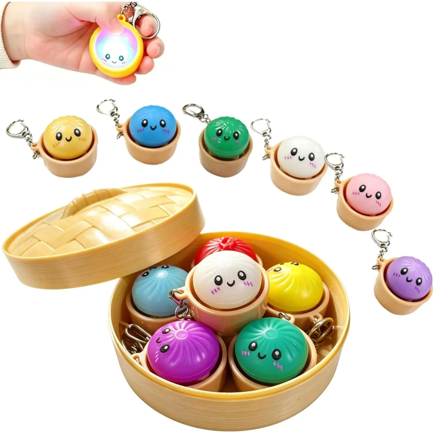 Glowing Dumpling Keychain with A Big Steamer, Mini Dumpling Stress Relief Fidget Clicker Keychain, Anxiety Relief & Focus Boost Quiet Toys  at Work, Travel, Gifts For Son & Daughter ,Friends,Classmates,Portable Desk Clicker for Work, Study