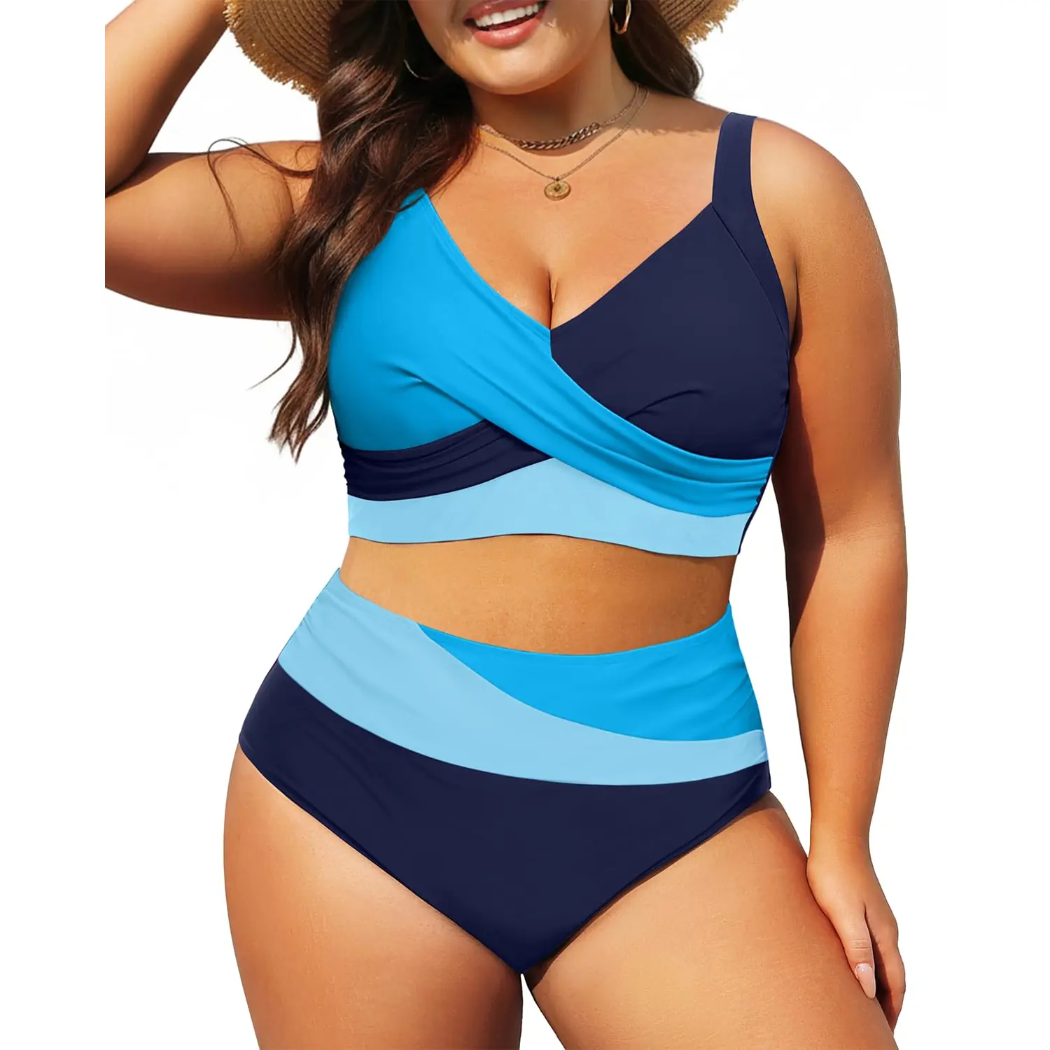 Tempt Me Plus Size Two Piece High Waisted Swimsuit Tummy Control Colorblock Bikini