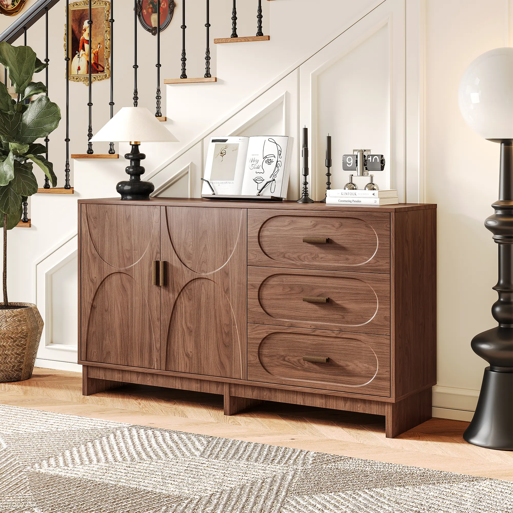 ARCH 59.1in Farmhouse MDF Wood Buffet Sideboard - 2 Doors, 3 Drawers, Walnut Oval Grain Finish, Large Space Storage Cabinet for Dining Room, Living Room, Easy Assembly Indoor Cupboard Furniture, Walnut Finish