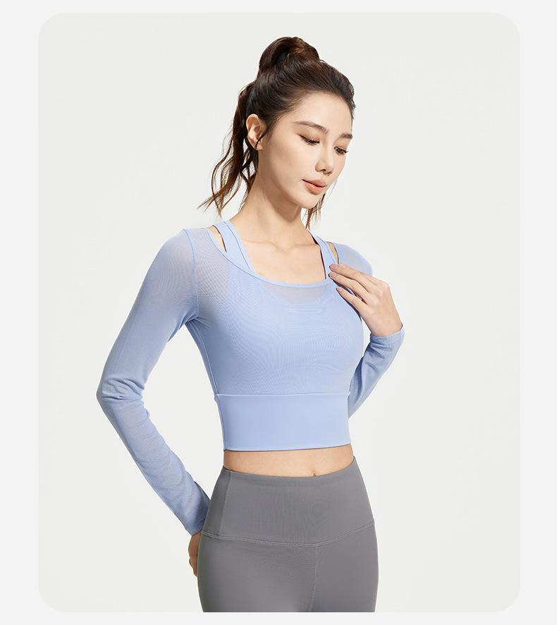 Women's Yoga Outfit for Spring and Autumn, Two-piece with Chest Pads, Long Sleeve Mesh Sheer Sports Top for Pilates Training and Fitness