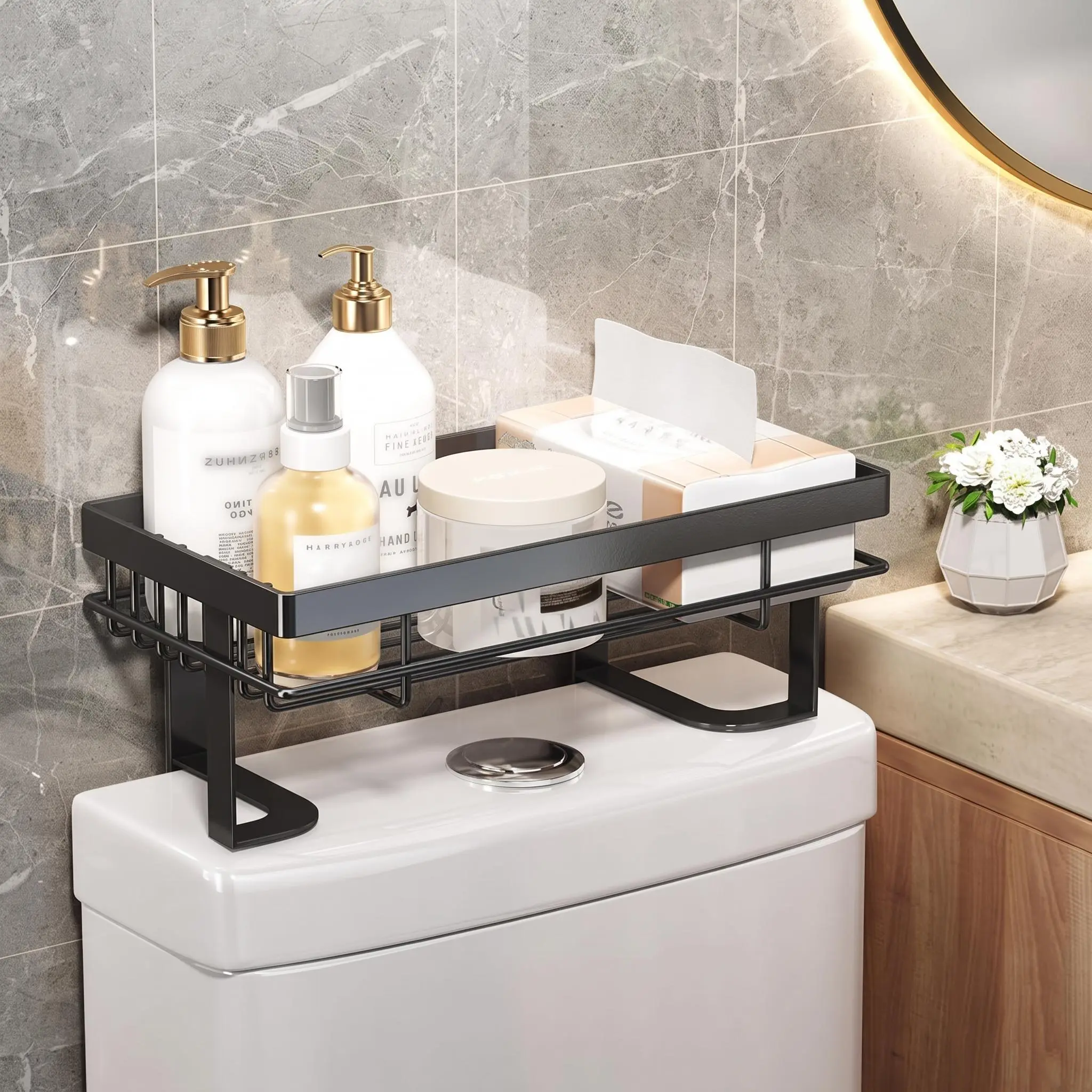 No Drill Over The Toilet Storage Shelf, Space Saving 1/2 Tier Bathroom Organizer Rack with Modern Black Finish, Perfect Storage Solution for Small Bathrooms to Hold Towels, Toiletries & Bathroom Accessories
