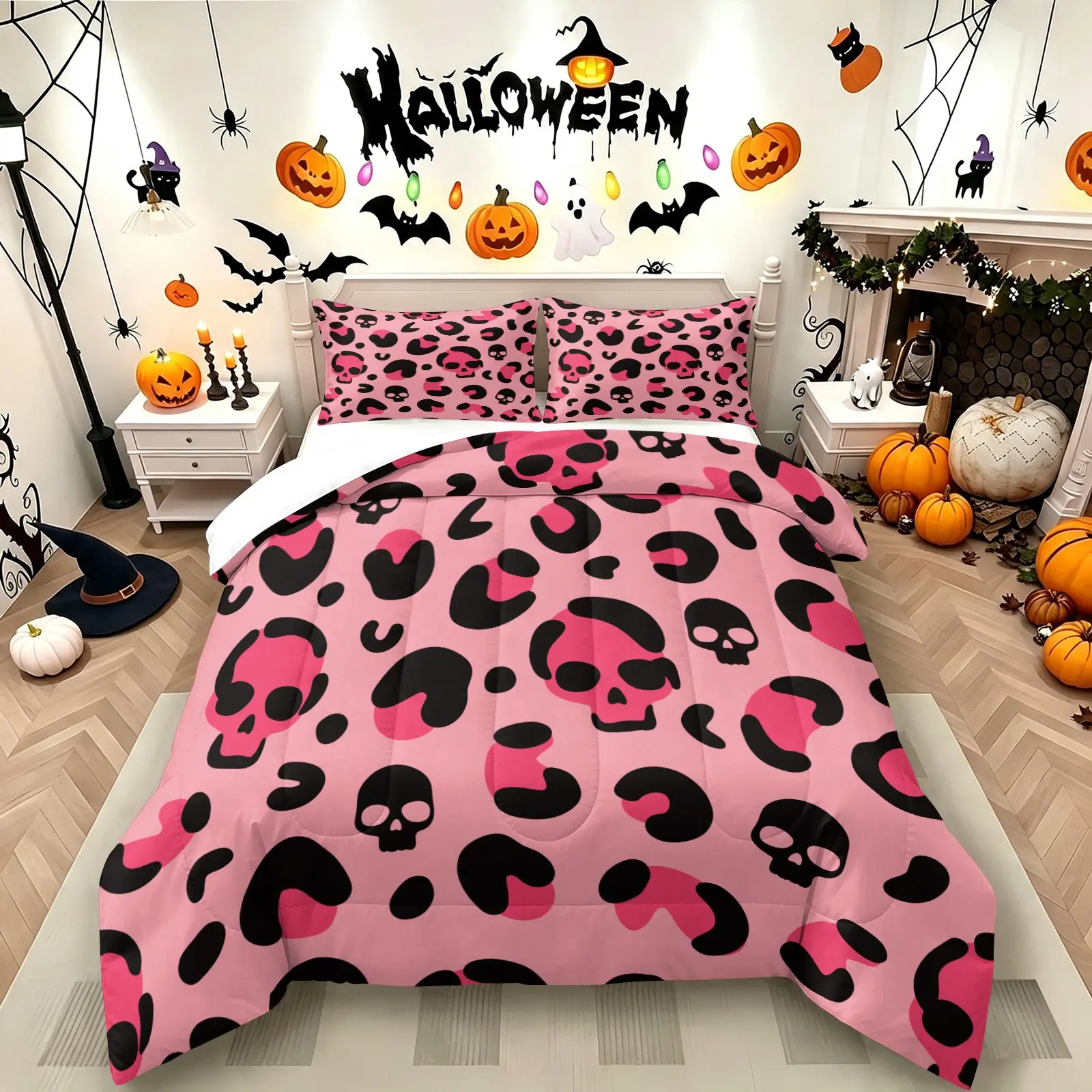 Halloween Leopard Skull Print Comforter Set, Includes 1 Comforter and 1‑2 Pillowcases, Spooky Halloween Pink Leopard‑Pattern Bedding Set, Soft Microfiber All Season, Goth‑Aesthetic Bedroom Decoration, Gift for Halloween Decor Enthusiast