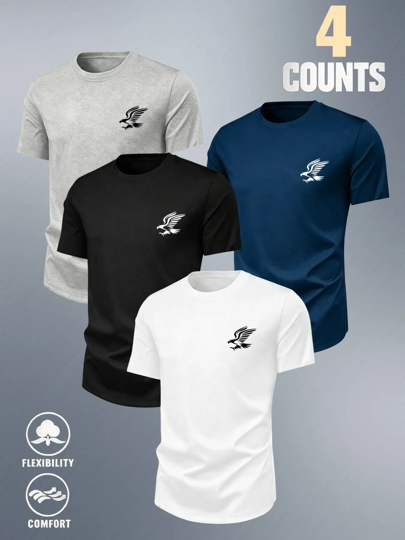 Men's Sporty Short Sleeve T-Shirt, Breathable Casual Tee, Eagle Print, Loose Fit, All Seasons, Multi-Color Options, 4-Pack