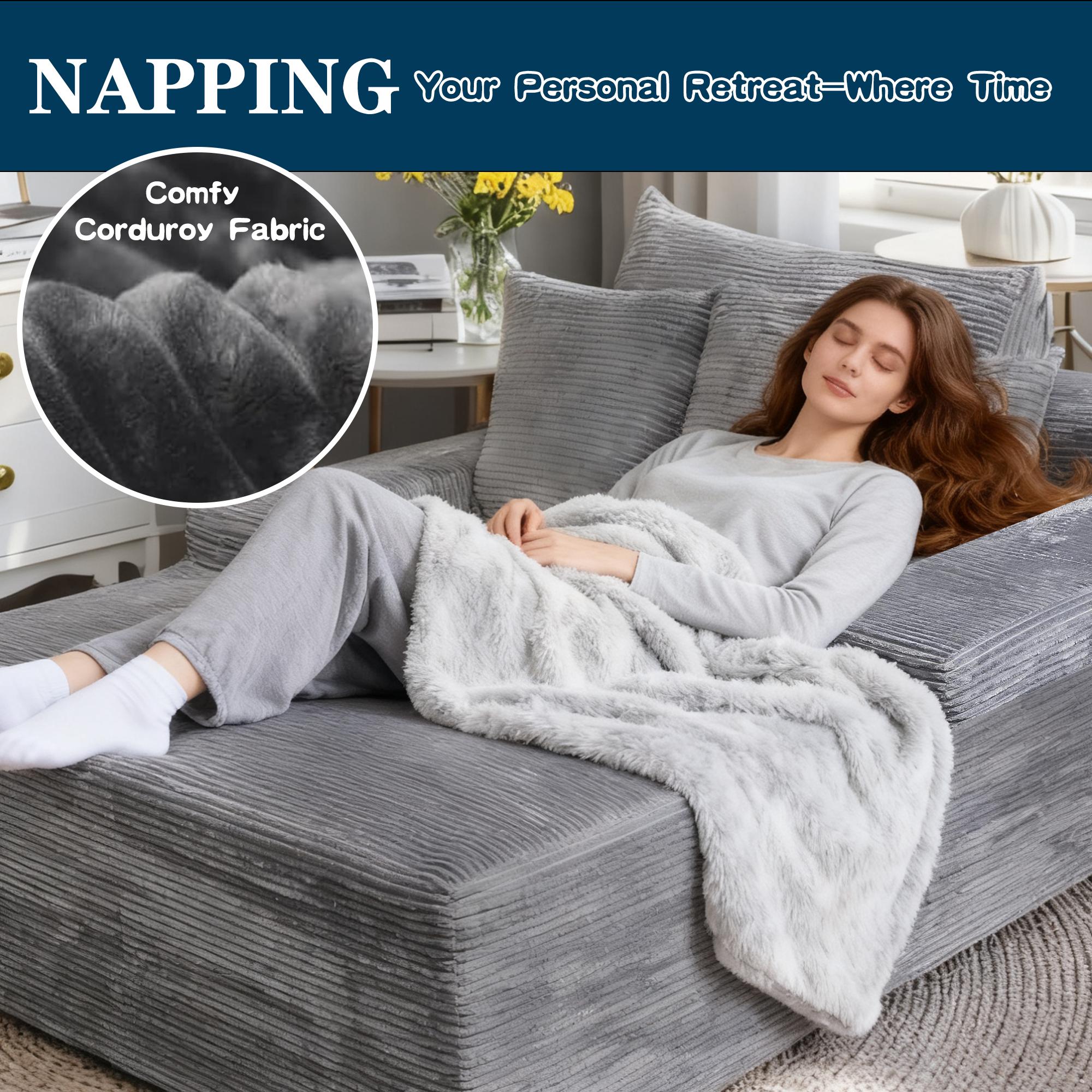 Modern L-Shaped Sectional Sofa with Chaise, Grey Corduroy Couch, Storage Pouches, Throw Pillows