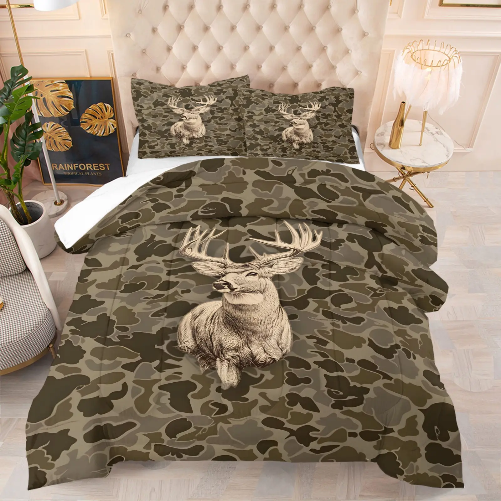 2/3-Piece Popular Camouflage Pattern Comforter Set – Vintage Sketch-Style Stag Theme Bedding Set– Ideal for Outdoor Enthusiasts & Rustic Bedroom Decor (1 Quilt + 1 or 2 pillowcase) – Soft, Comfortable, Breathable, and Skin-Friendly Quilt Sets