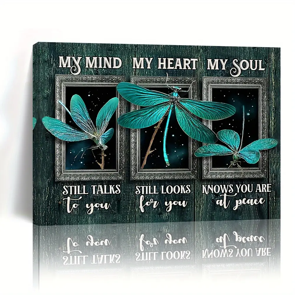 1 Artistic Dragonfly Framed Canvas Wall Art - Lightweight Painting with Wrap-Around Wooden Frame, Modern Rustic Home Decor, Soothing Gift for Home, Office Decoration, Dragonfly Print, Framed Set