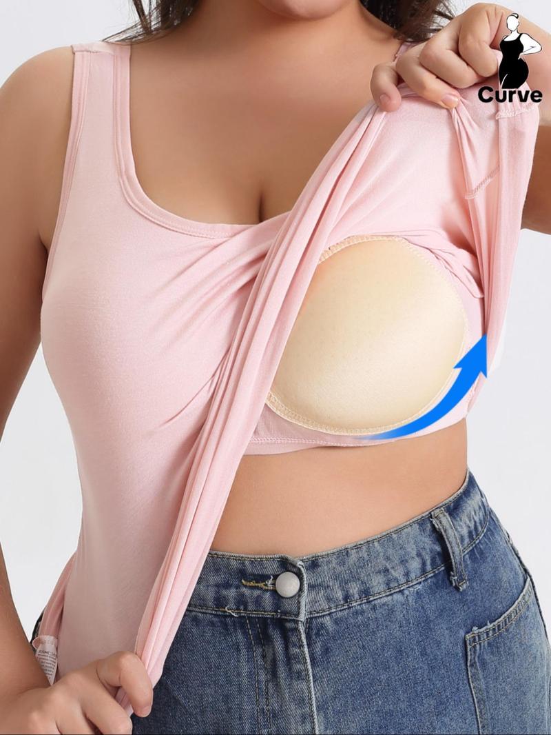 【Plus Size】 Solid Color Wireless Tanks, Soft Comfortable Breathable Tanks with Built in Bra, Women's Underwear for Daily Wear