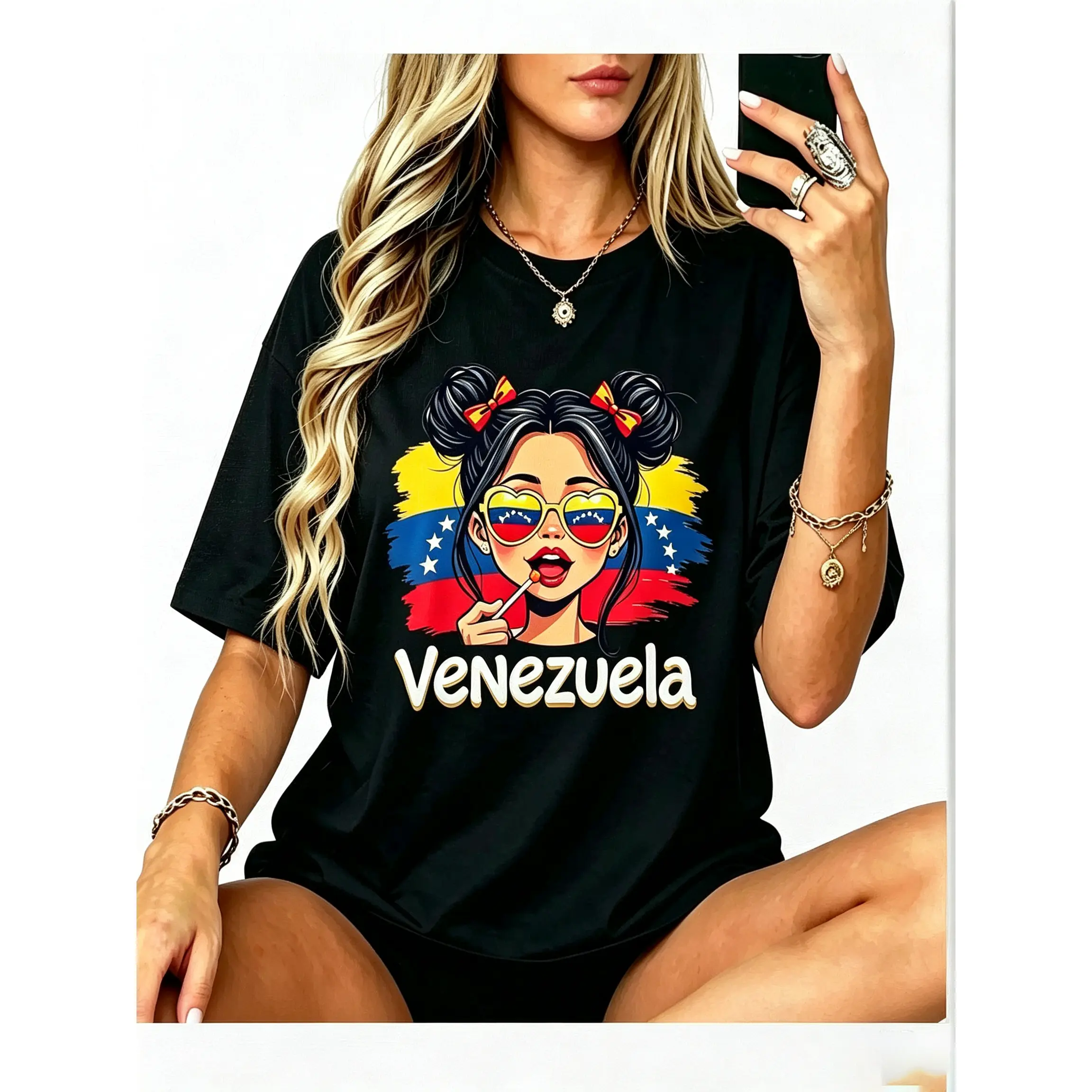 Messy Bun Girl Venezuela Pride Latina Venezuelan Women Girls Cotton T-shirt