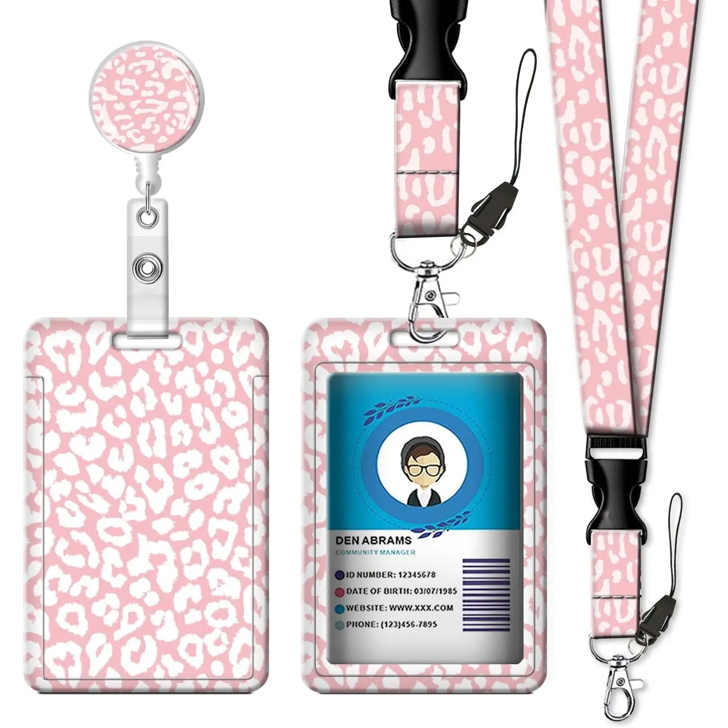 ID Badge Holder with Retractable Lanyard, Badge Holders Reel with 360 Degrees Rotate Carabiner Clip for Women, Teachers, , ,Students, Office( Leopard