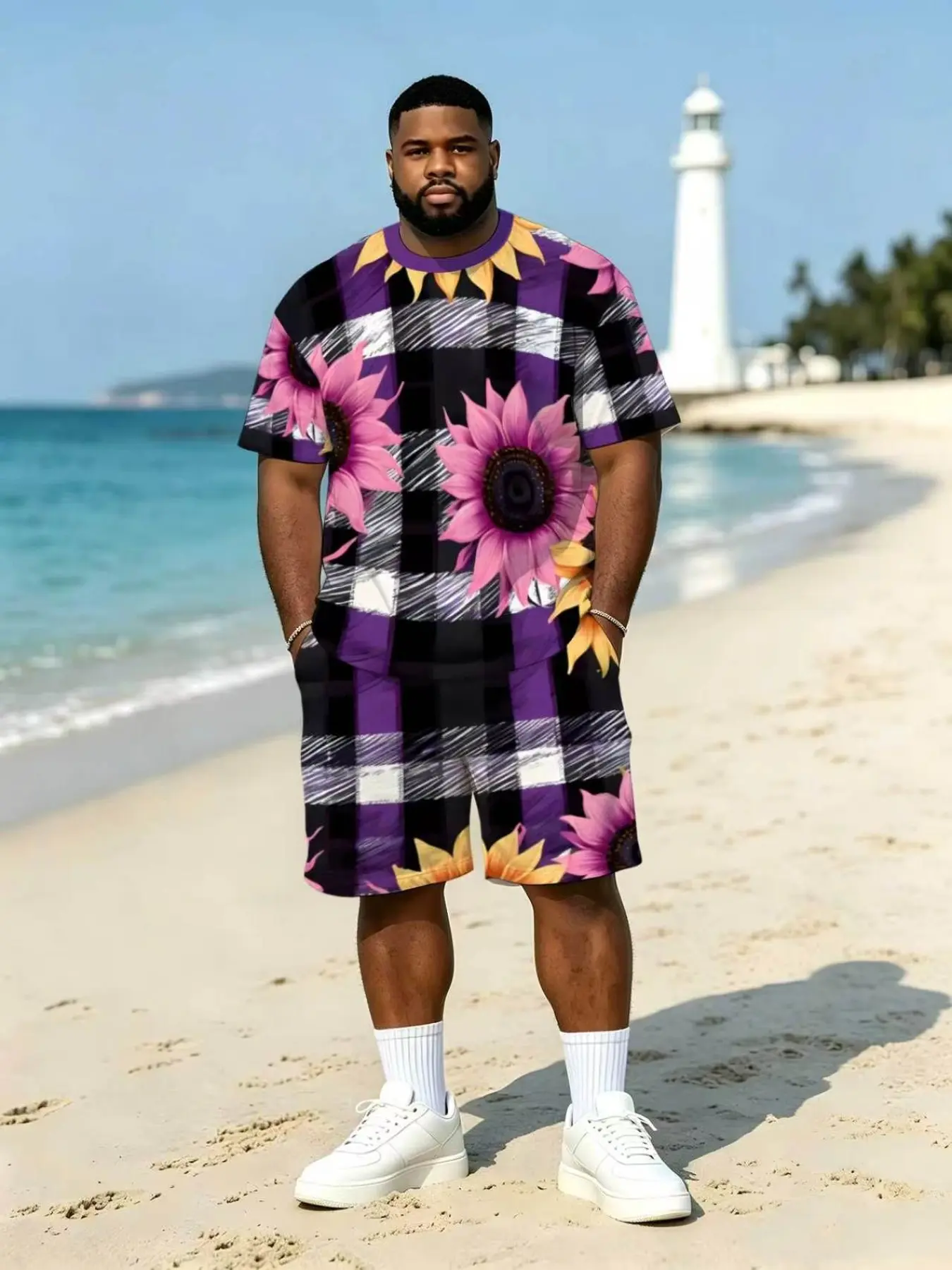 Men's Plaid Sunflower Print Short Sleeve Two-Piece Set, Casual Plus Size Shorts, All Seasons Fashion
