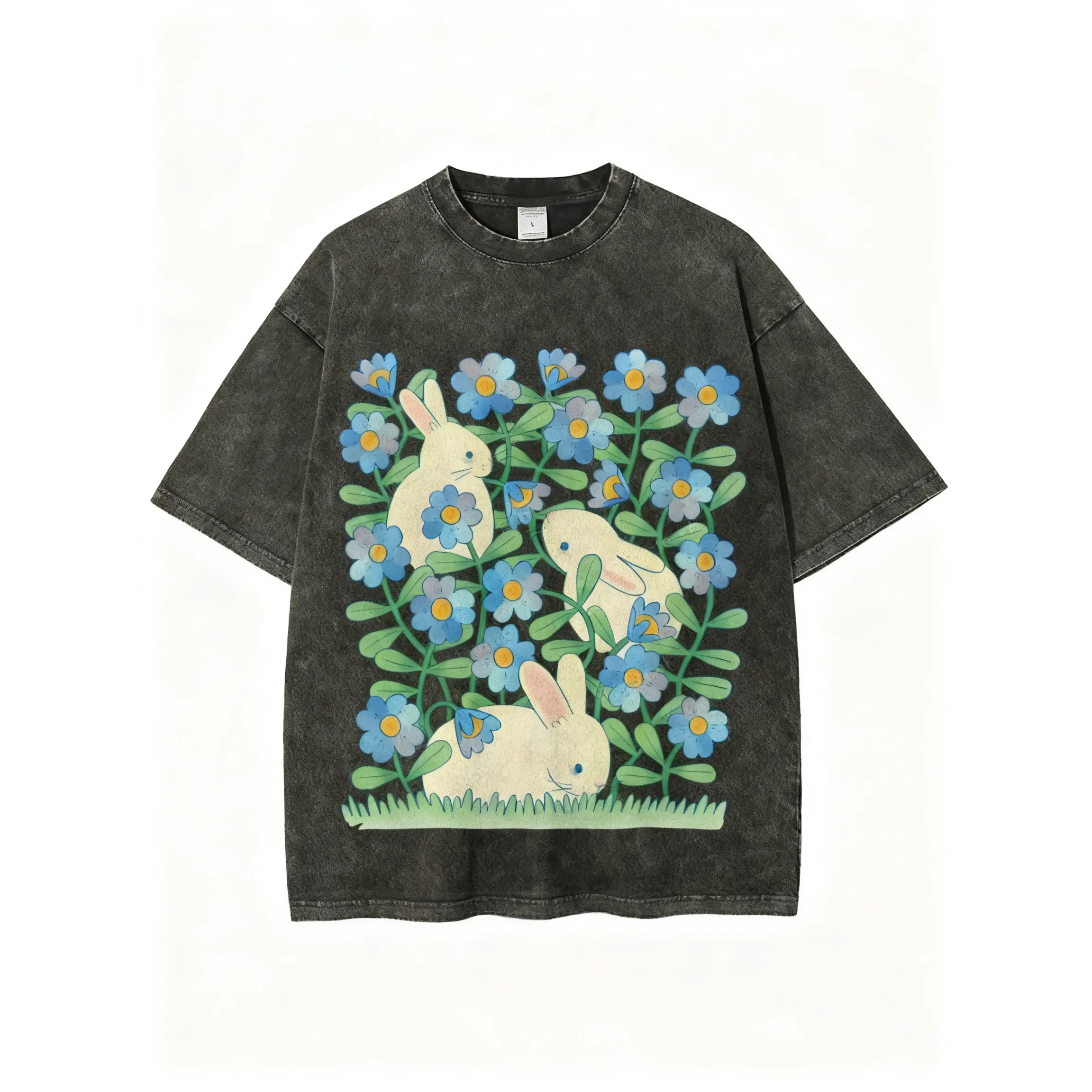 Men's Pure Cotton Batik Pattern T-Shirt - Short-Sleeve, Round Neck, Washed Cotton, Rabbit Garden Adventure Group Print, Retro Fashion Brand, Machine Washable, Daily Wear, Holiday Gift, Shortsleeve