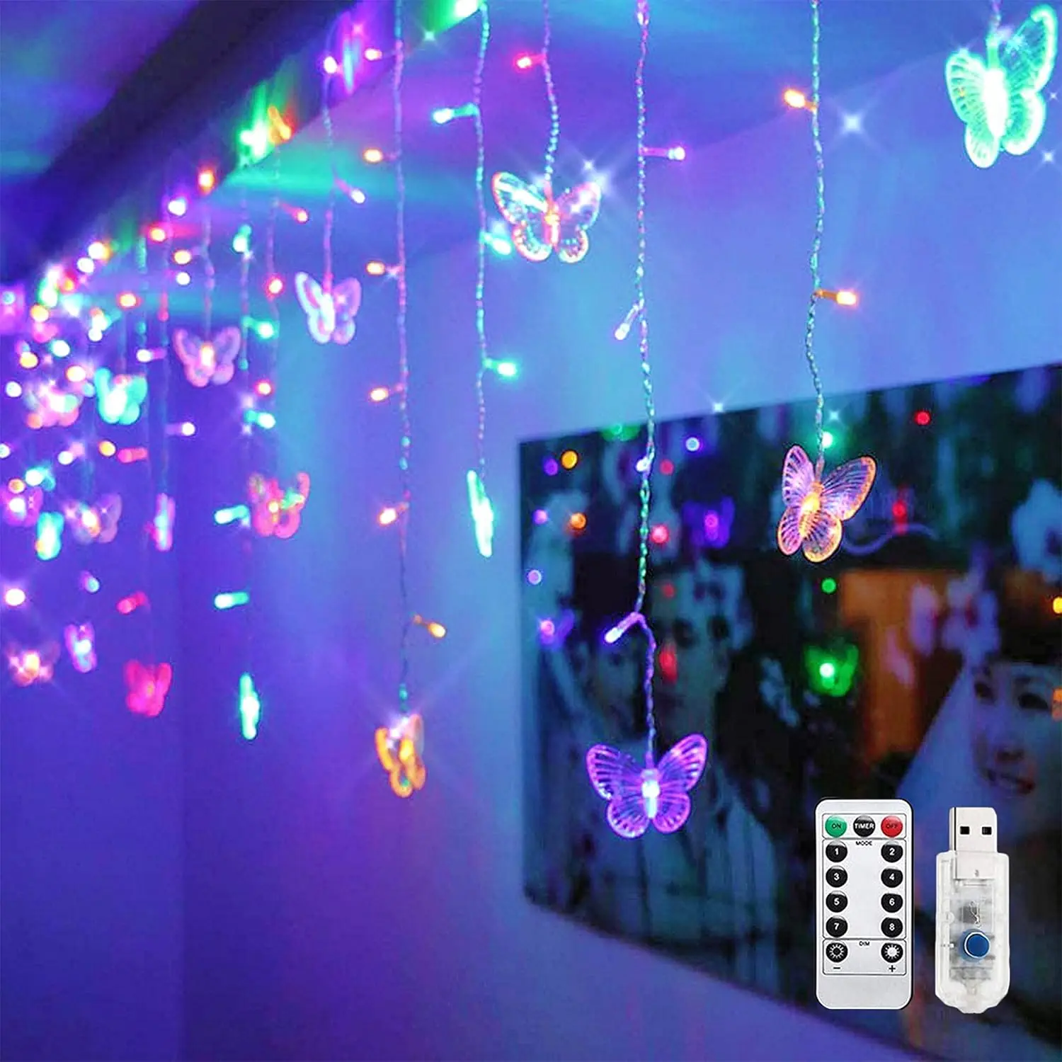 Butterfly Curtain Lights, 8 Modes 48LED Twinkle String Light with Remote 4.9FT USB  Window Fairy Light, Decorative Lights for Bedroom, Party, Wedding, Holiday, Christmas (Multi-Colored)