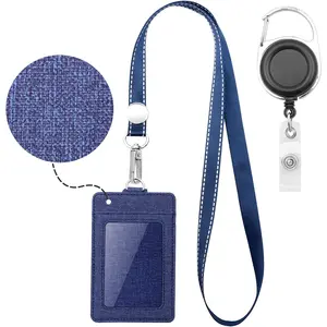 Badge Holder - Leather ID Badge Card Holder Wallet Case with 3 Cards Slot and  Lanyard/Strap. Additional Retractable Badge Reel with Belt Clip (Dark Blue, Linen Finish)