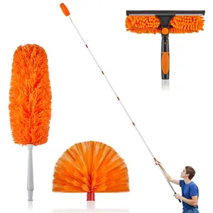 30FT Extendable Duster Kit – For High Ceilings, Ceiling Fans & Hard-to-Reach Corners – Telescopic Aluminum Pole with 3 Attachments: Cobweb Duster, Microfiber Feather Duster & 2-in-1 Chenille Scrubber