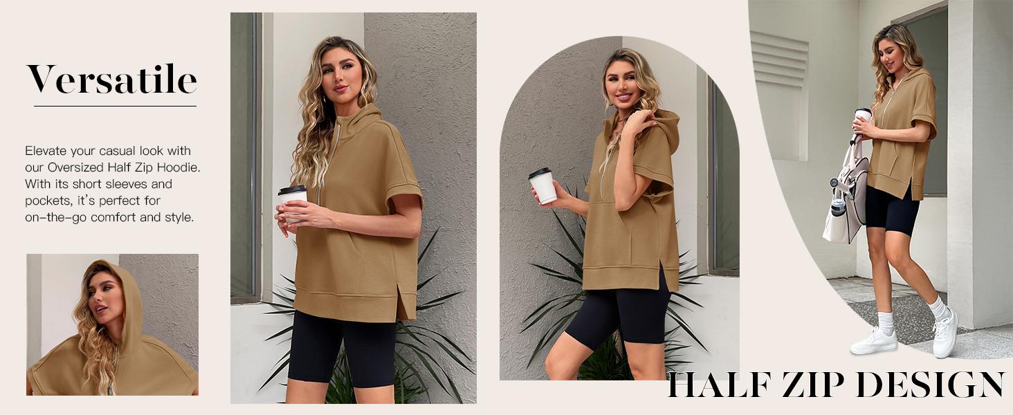 FMEYOA Womens Oversized Half Zip Hoodies Short Sleeve Casual Sweatshirts Pullover Tops with Pockets