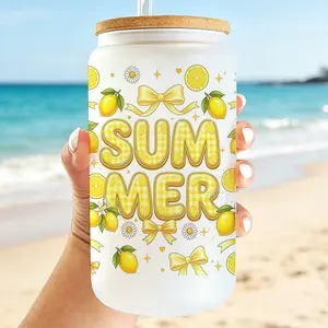 Funny Summer Lemon Coquette 16oz Glass Mug – Cute Lemon Print Design for Coffee, Tea & Juice – Birthday Christmas Gift for Women