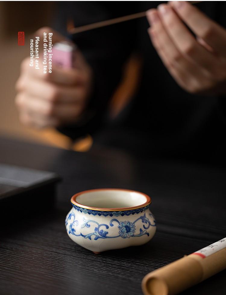 Xi Yuan Ji Blue and White Ru Kiln Incense Burner Stick Holder Three-Legged Sandalwood Censer for Home Indoor Tea Set Accessory incense stick