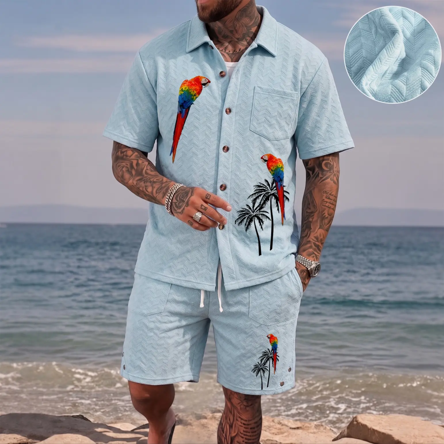 Men’s Parrot Bird Graphic Print Short Sleeve Button Shirt and Shorts Set, Waffle Fabric 2 Piece Outfit, Summer Casual Tropical Vacation Look