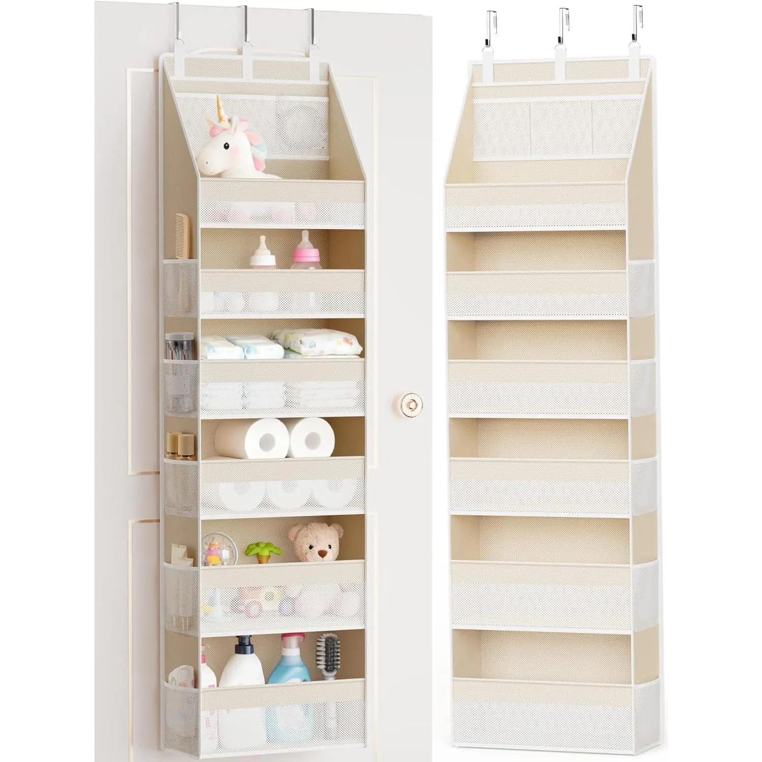 Over-the-door storage rack, 6-tier hanging storage rack, with 13 mesh pockets, 55-pound capacity, suitable for baby rooms, bathrooms, bedrooms, and dormitories, beige