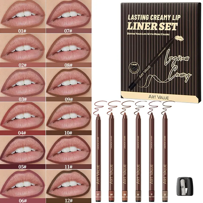 6-pack matte lipliner set, durable color, lip outline filling dual-use, natural lip makeup