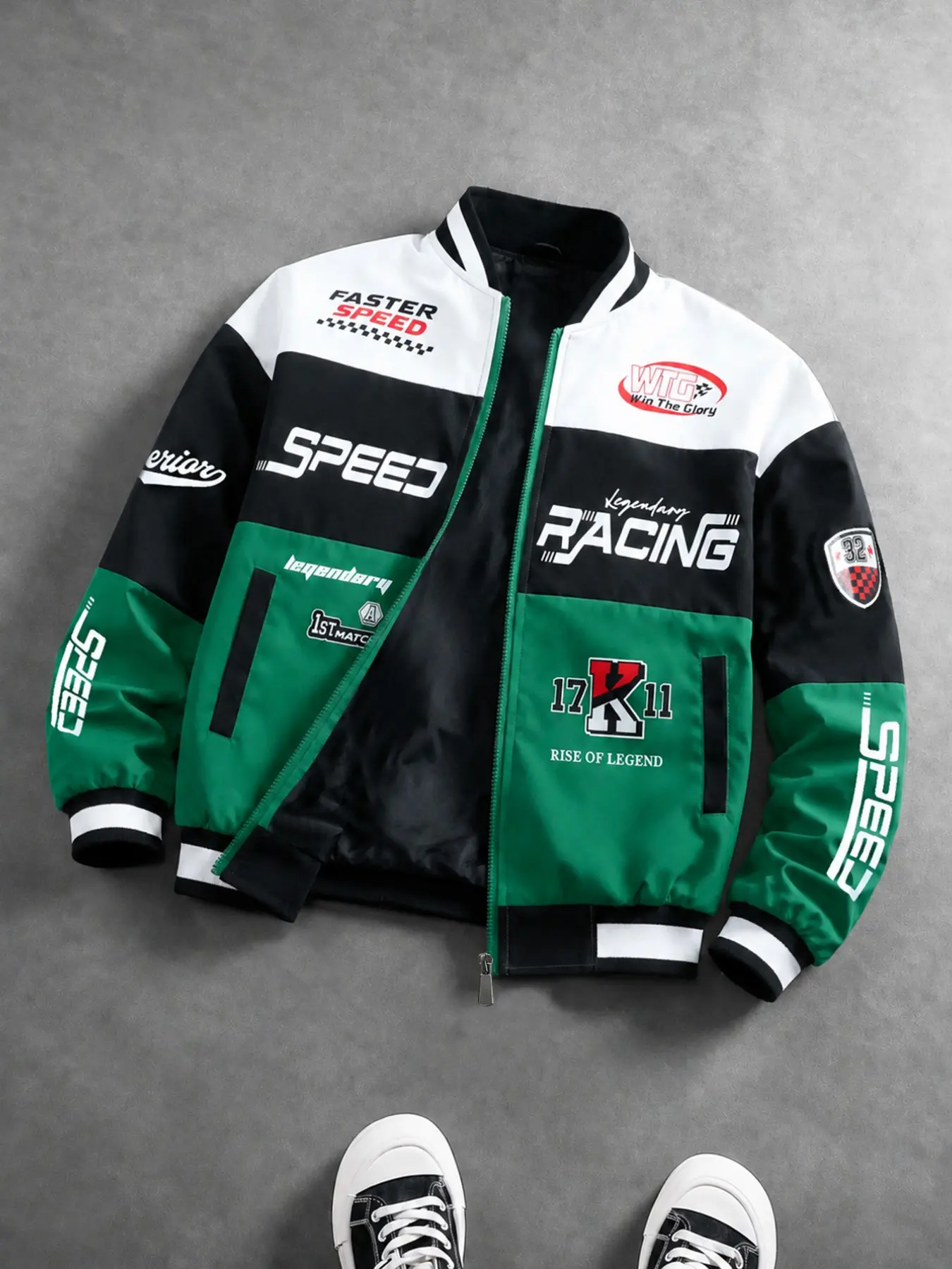 Men's Colorblock Racing Letter Print Jacket, Baseball Collar Loose Fit, Long Sleeve Zip-Up, Casual Flying Jacket for All Seasons Coats