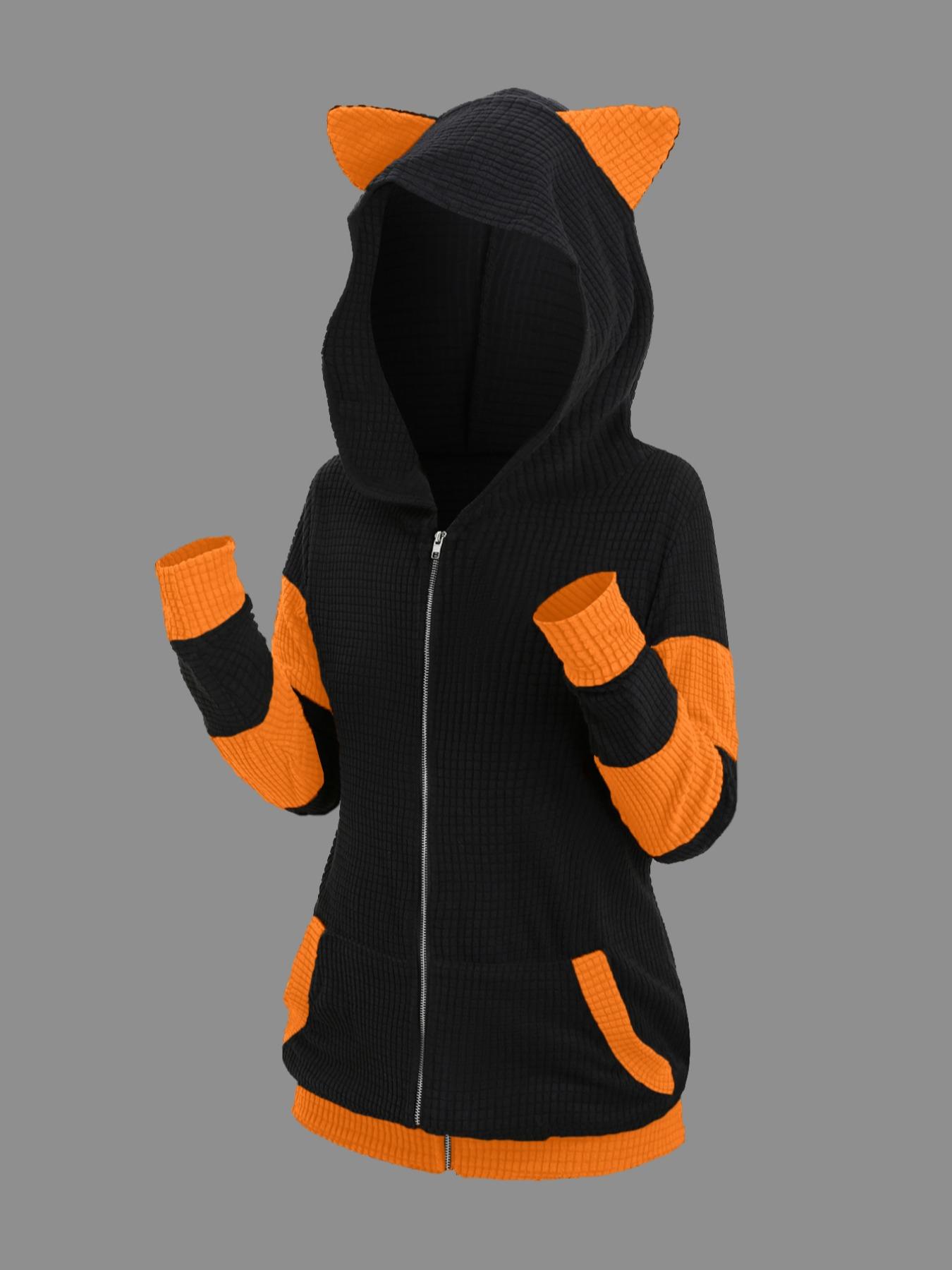 Women's Colorblock 3d Ear Design Textured Zip Up Hooded Coat, Cute Long Sleeve Pocket Outerwear for Fall & Winter, Women's Clothes for Daily Wear, Womenswear