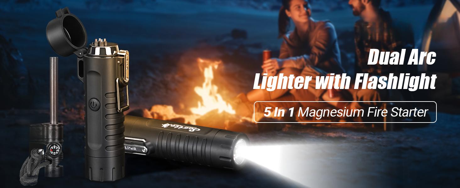 Windproof Arc Lighter, Electric Lighter and LED Flashlight - 2-in-1 (Black)/5-in-1 Magnesium Fire Rod, suitable for emergency survival kits, camping, hiking, all-weather magnesium iron rod