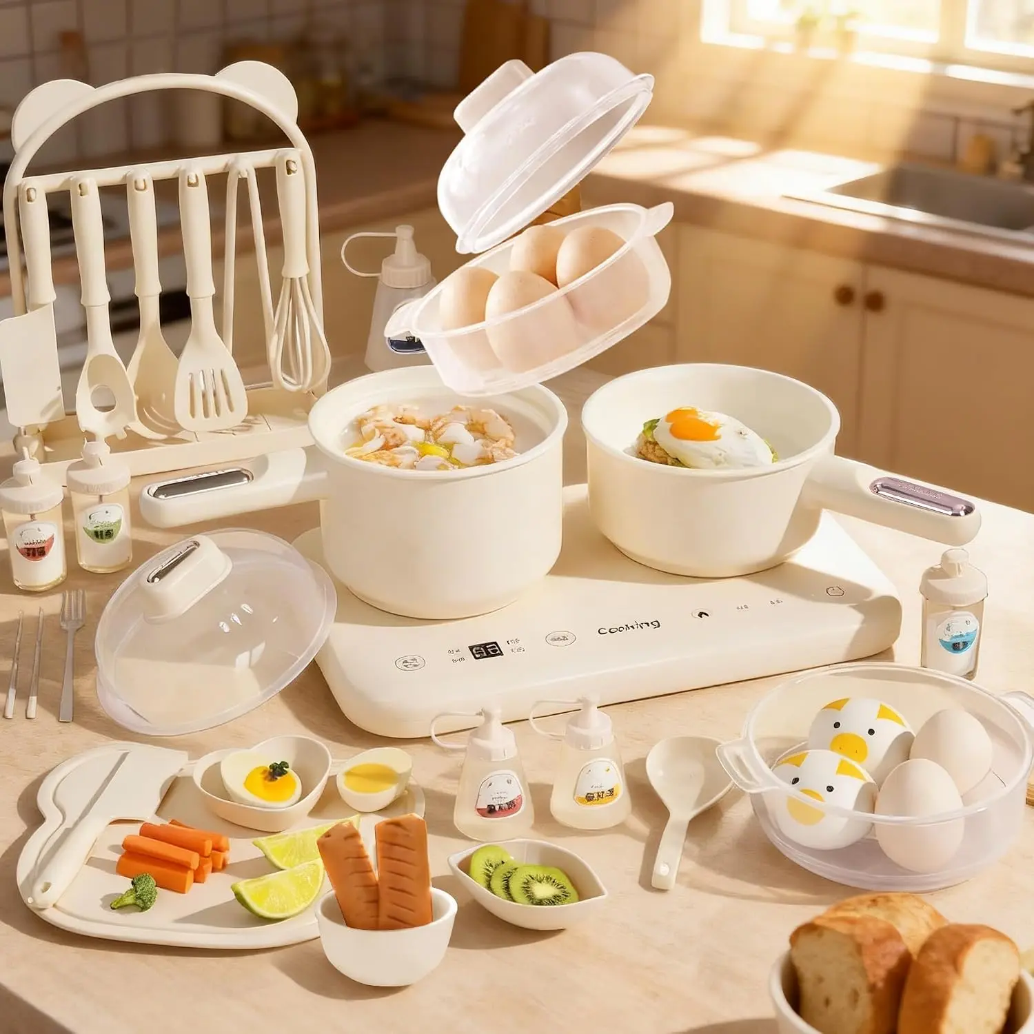 Cooking Sets Real Electric Dual Stove - Montessori Cooking Set with Mini Kitchen Tools, Safe Utensils, Apron & Cookware -Great for Pretend Play Montessori Learning (Beige)